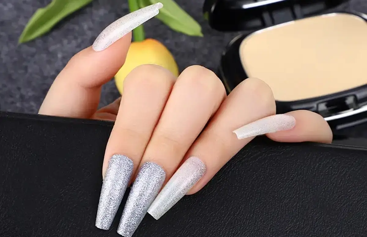 White Coffin Nails With Silver Glitter