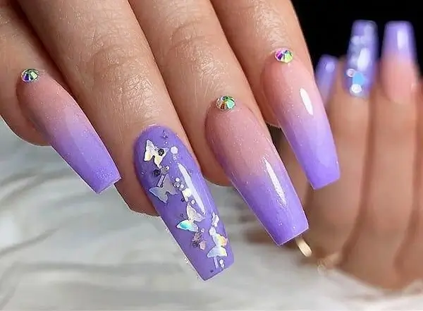 Coffin nails with diamond and butterfly
