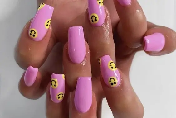 Coffin purple nails With Smiley Face