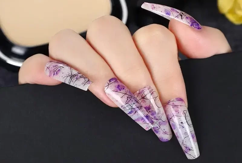 Light Purple Long Coffin Tie Dye Nails