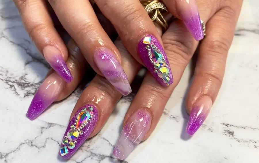 Light Purple and Nude Ombre Coffin Gel Nails With Pearls
