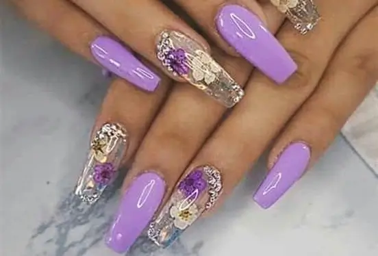 Purple Coffin Nails With Flora