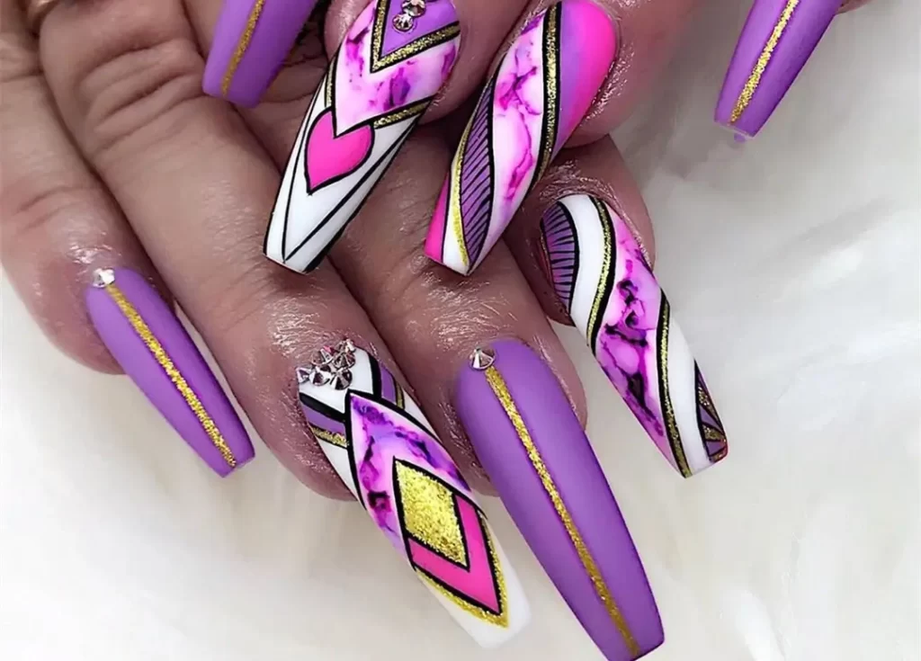 Purple Rhinestone Coffin and Pastel Pink Nails