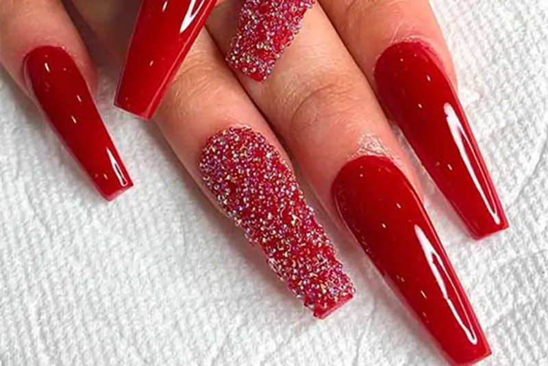 Red Christmas coffin long glitter nails