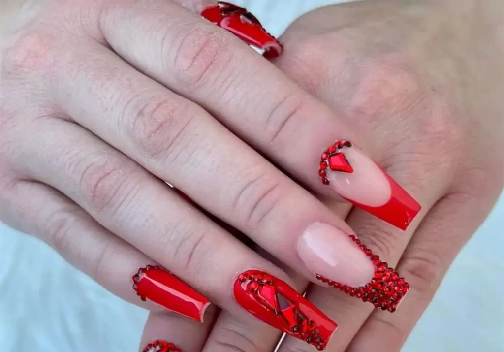 Red French Tip Glitter Coffin Red Christmas Nails