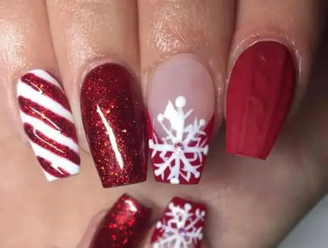 Red french tip nude red glitter coffin christmas nails