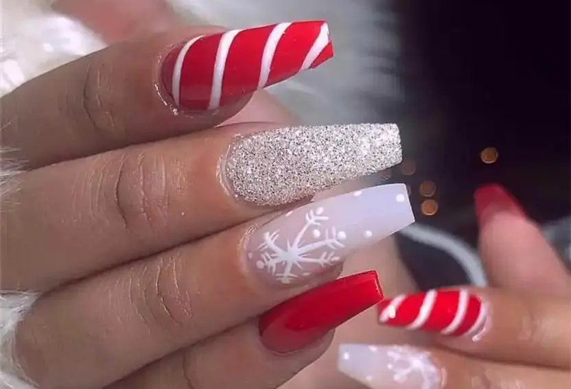 Silver Glitter white and red coffin christmas nails