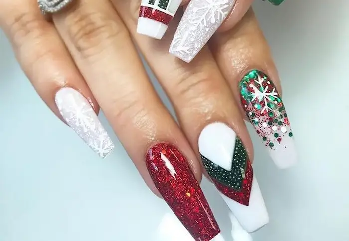 long white and red coffin Glitter nails