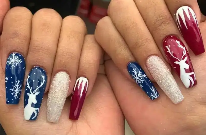 nude glitter red blue coffin christmas nails