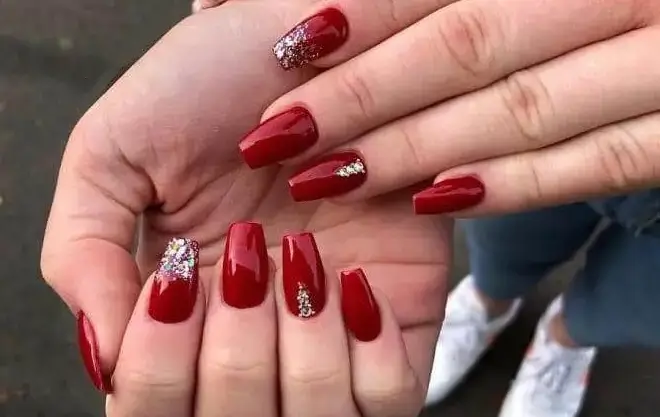 rhinestones glitter red coffin christmas nails
