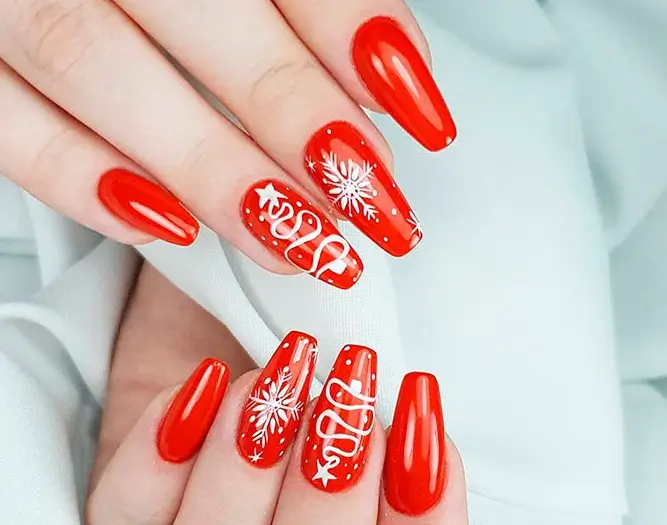 white red glossy coffin christmas nails