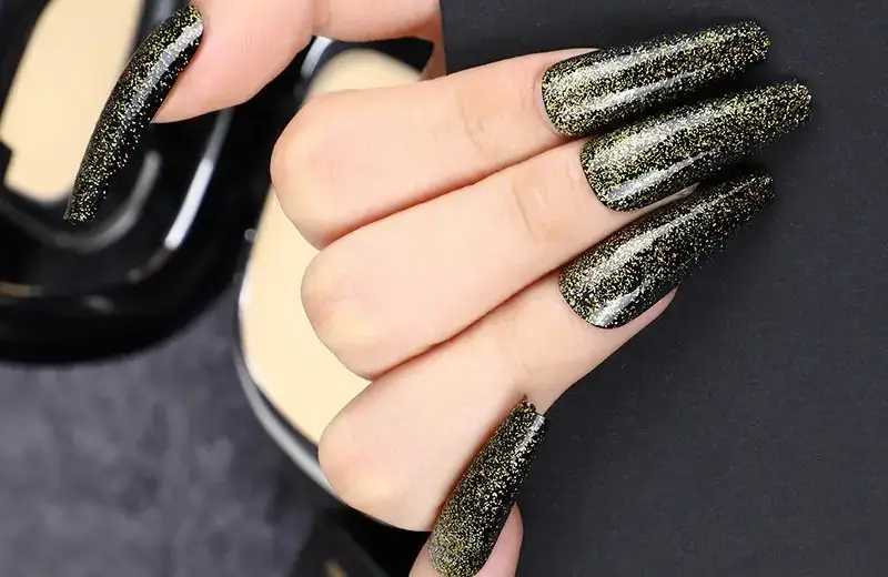 coffin black and gold nails