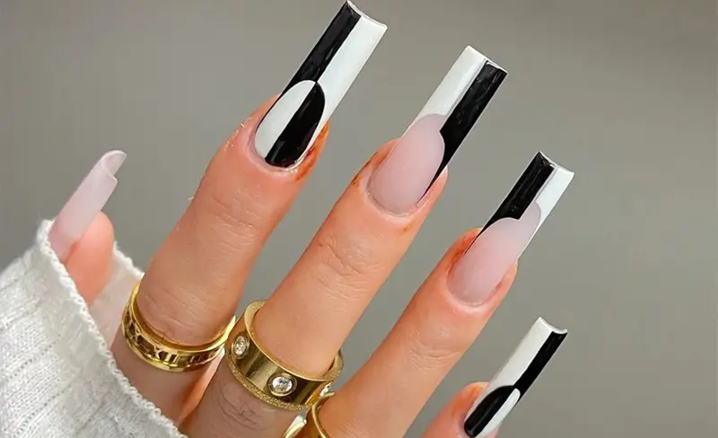 coffin black and white acrylic nails