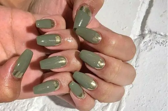 coffin olive green nails