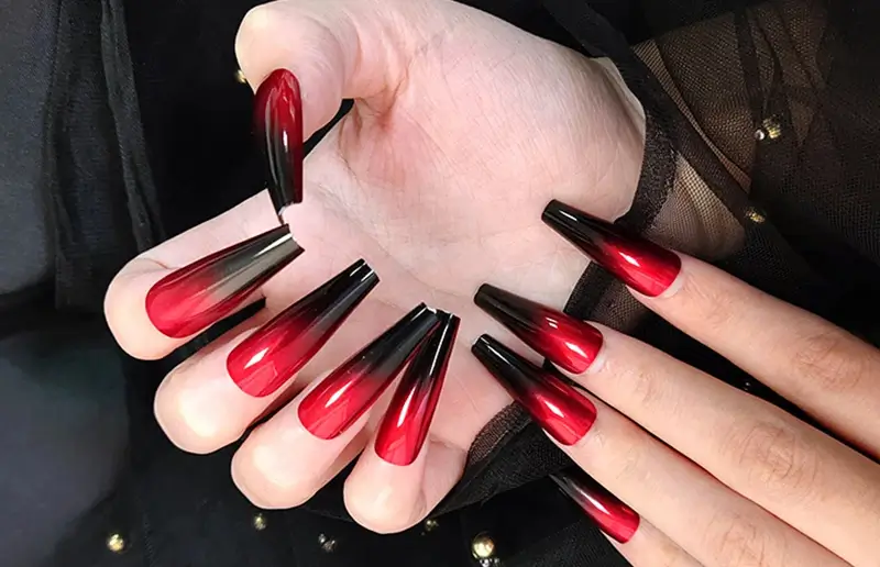 coffin red and black nails
