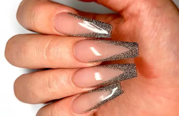 french tip coffin nails with glitter