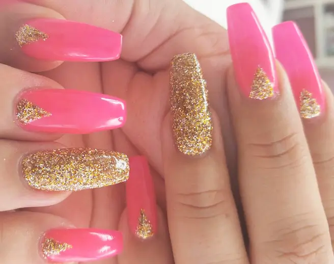 hot pink coffin nails with glitter