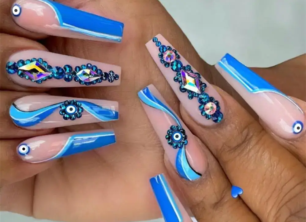 royal blue coffin nails with diamonds