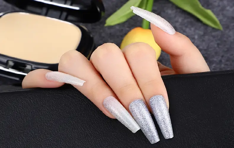 white coffin nails with silver glitter
